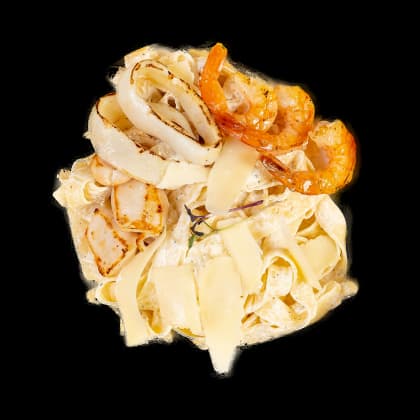 Паста с королевской креветкой и командорским кальмаром